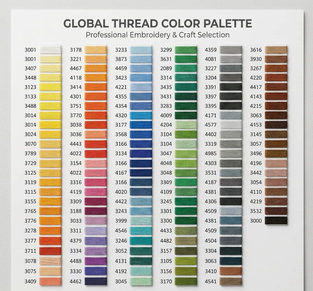 Full thread color chart with embroidery thread numbers and swatches for custom patches